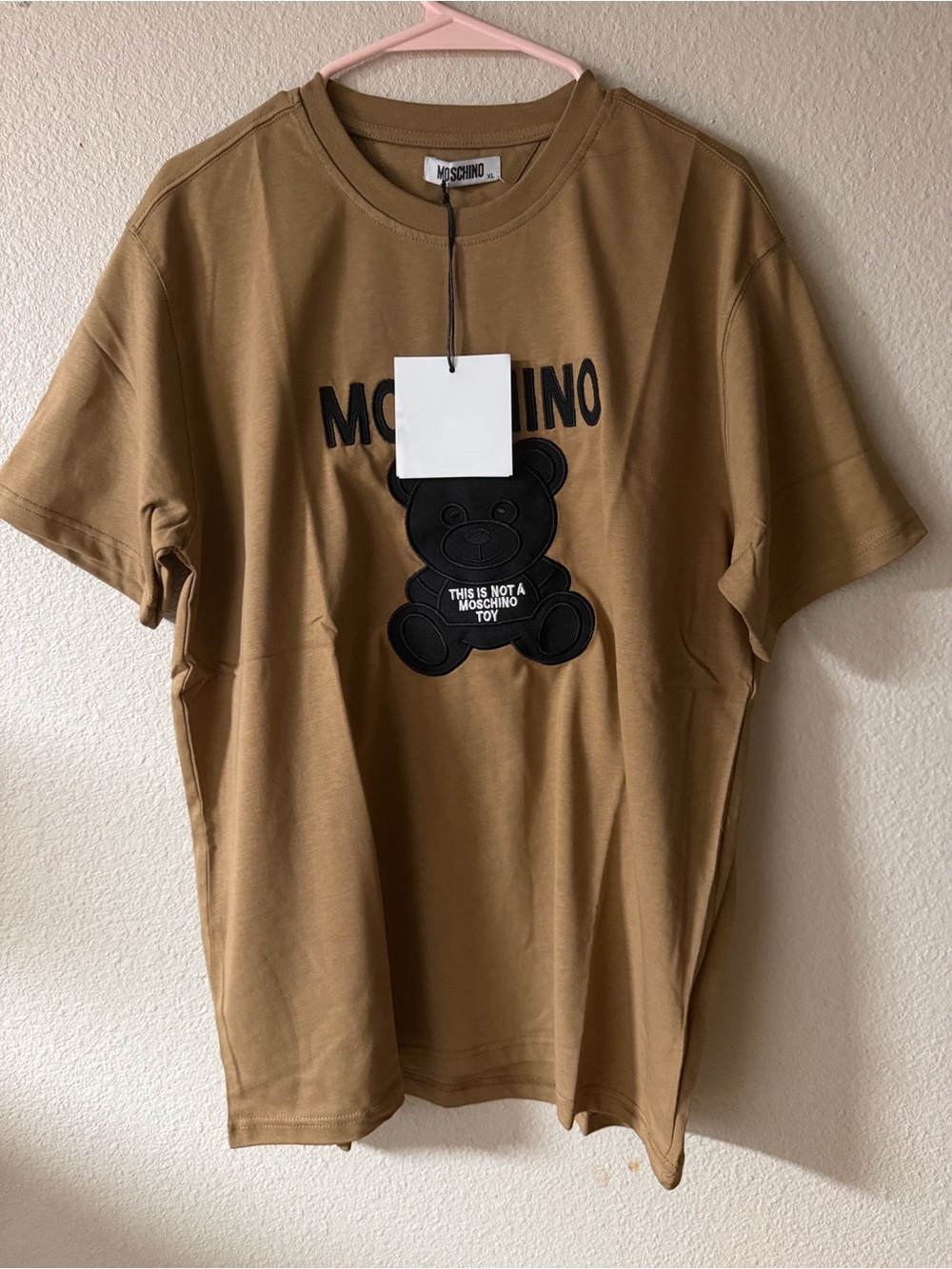 Moschino Men's Tan T-Shirt with Black Teddy Logo